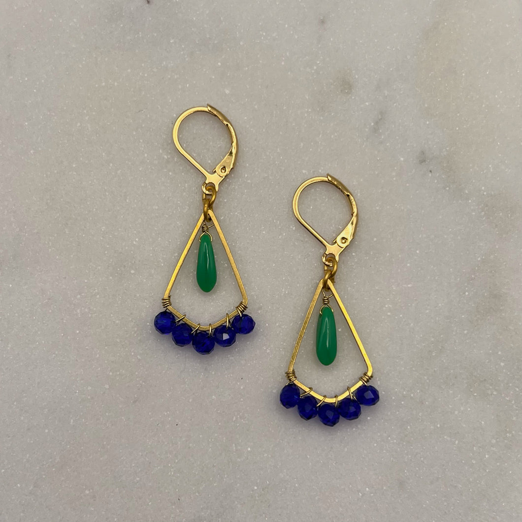 Blue Crystal + Green Glass Huggie Earrings