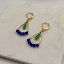 Load image into Gallery viewer, Blue Crystal + Green Glass Huggie Earrings
