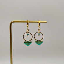 Load image into Gallery viewer, Turquoise + Pyramid Glass Huggie earrings
