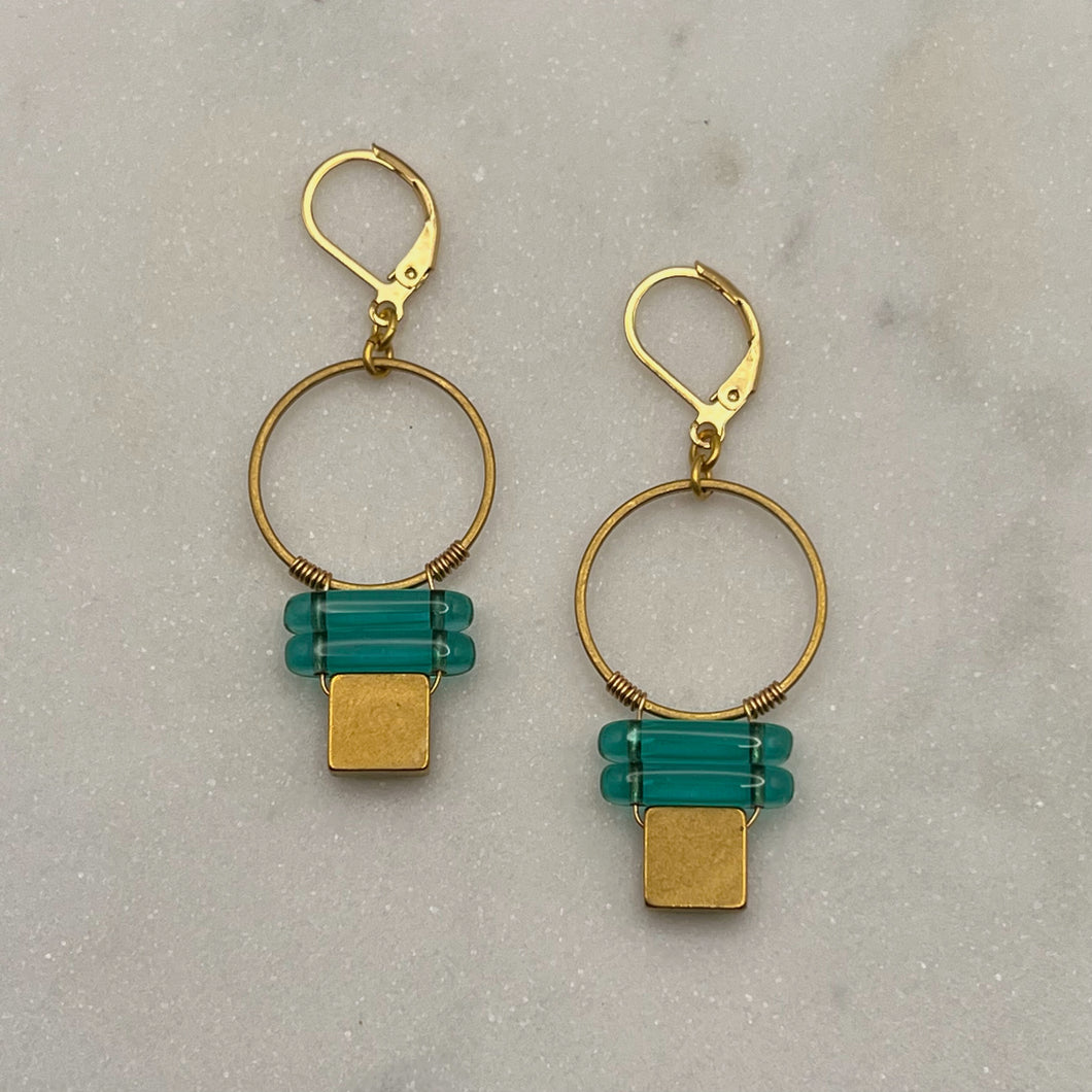 Brass Cube Glass Earrings