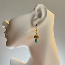 Load image into Gallery viewer, Blue glass + Melon Huggie Earrings
